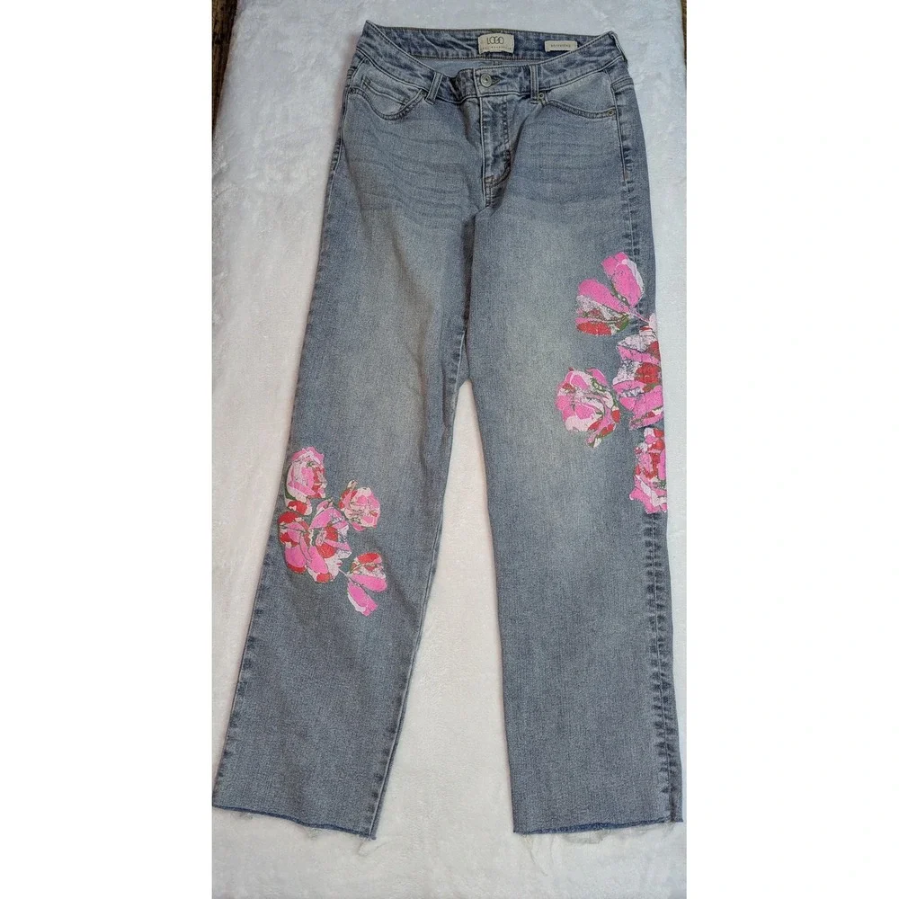 LOGO Lori Goldstein Boyfriend Jeans Floral Light Wash Raw Hem Womens 6 RN89828